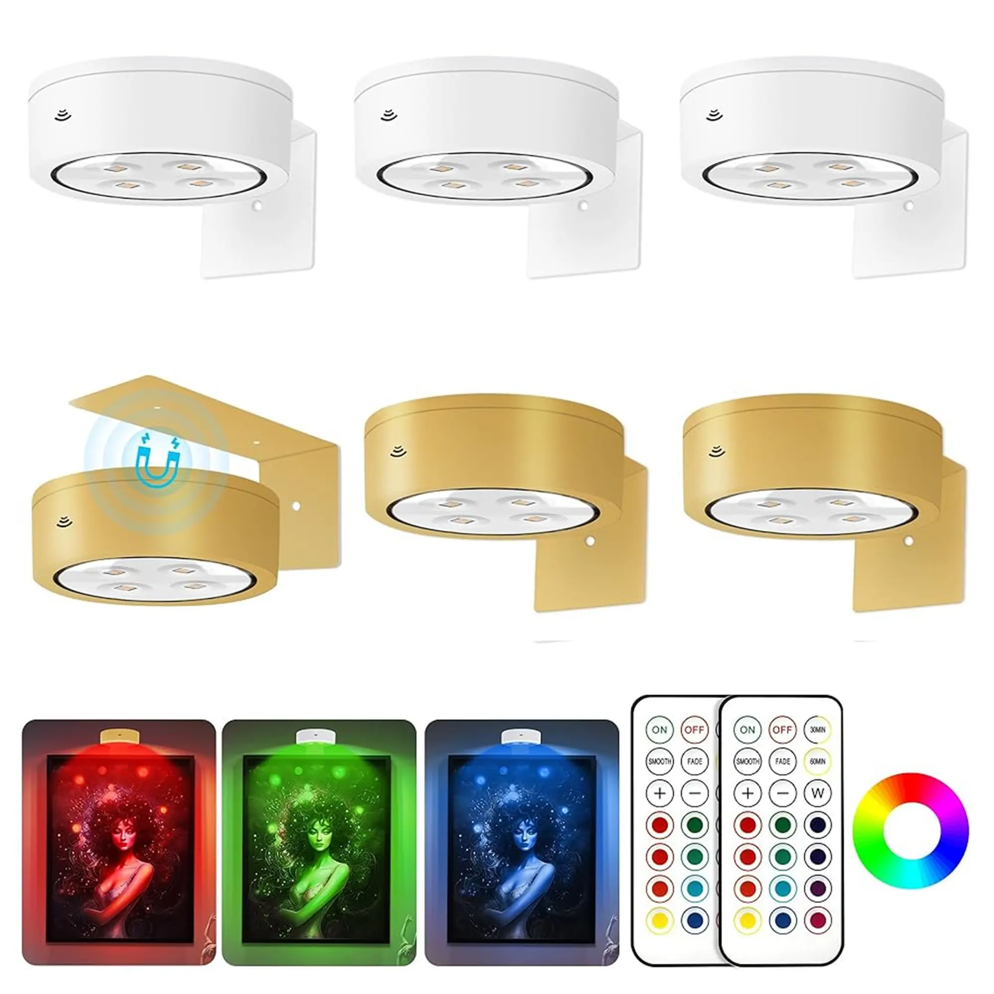 6Pcs Picture Light Battery Operated, 13 RGB Color Magnetic Led Art Display Light for Picture Frame Artworking, Wireless Painting Light with Remote Control, Party Home Wall Decor Puck Light, Gold and White-RGB decorative atmosphere counter  lamp