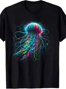 Men'S & Women'S Neon Glow-in-the-Dark Jellyfish T-Shirt - 100% Soft Black Retro Graphic Tee with Glowing Jellyfish Print Short Sleeve Round Neck Casual Shirt for Beach Parties Night Out Halloween & Christmas Gifts (S-XXXL) - Reactive Party Appare