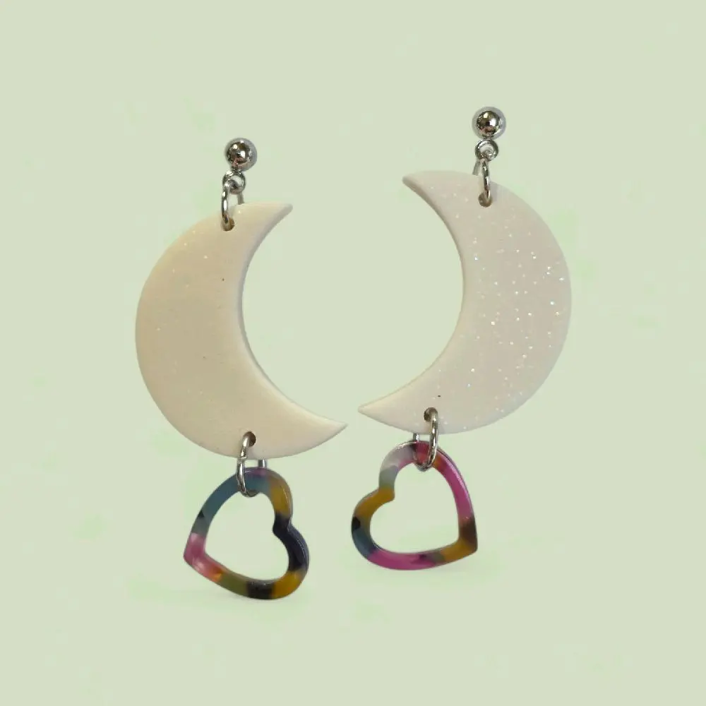 Glow in the Dark Crescent Moon Earrings Polymer Clay & Colorful Heart Dangle Hypoallergenic Stainless Steel Celestial Jewelry Gift for Her 2 Inch Statement Earrings