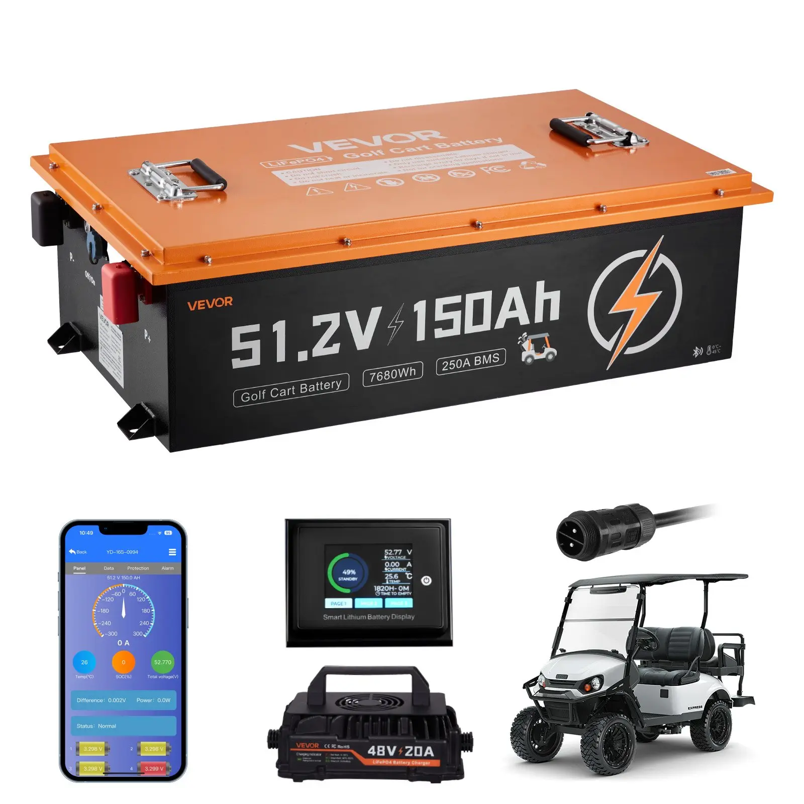 【summerfinds】VEVOR 48V (51.2V) 150AH Lithium Golf Cart Battery, with 20A Charger, Lifepo4 Battery Kit, Built-in 250A BMS, with Bluetooth & Touch Monitor, 2C Discharge, 4000 Cycles, for Golf Carts, Trolling Motors