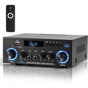 AK50  Audio Amplifier, 400W  2.0  Stereo Receiver with  5.0,  Subwoofer Output, FM Radio, USB/SD/AUX, MIC in with Echo, Remote Control for Passive Speakers
