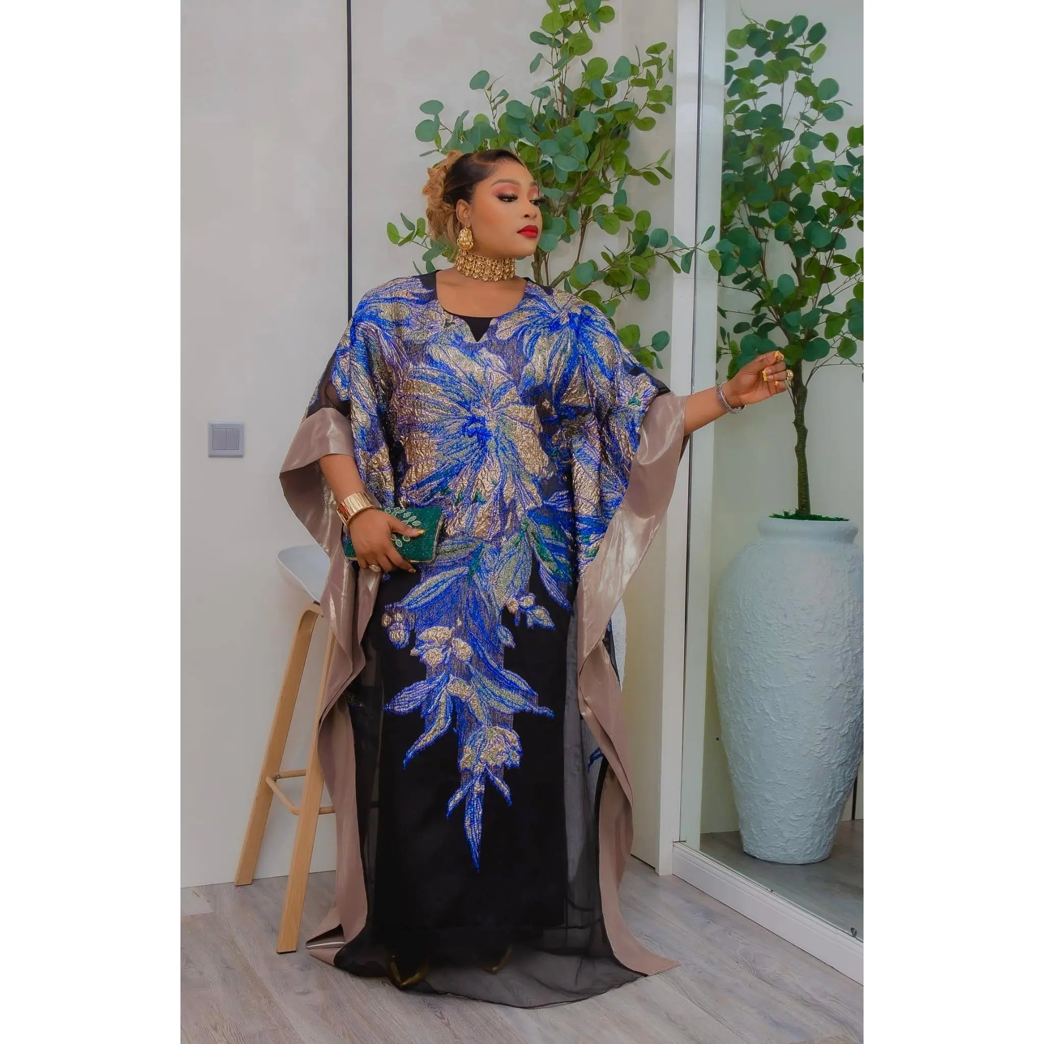 Blue Brocade Kaftan Dress: African Bubu Wedding Attire Engagement Cocktail Birthday Party