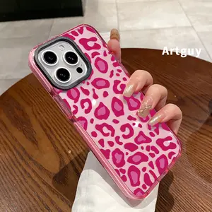 Phone Case for iPhone 16 Plus 15 Pro Max 14 13 12 11 Pink Leopard Print Pattern Non-Yellowing Shockproof Soft Silicone Transparent Cover