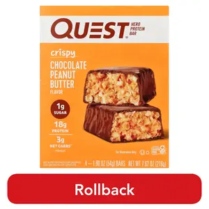 Quest Crispy Protein Bar, Chocolate Peanut Butter, 18g Protein, Gluten Free, 4 Count