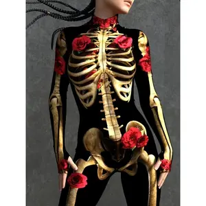 Women’s sexy skull and rose print jumpsuit — long-sleeved, form-fitting, suitable for all seasons; ideal for parties and performances | skull design | long-sleeve top, skull apparel