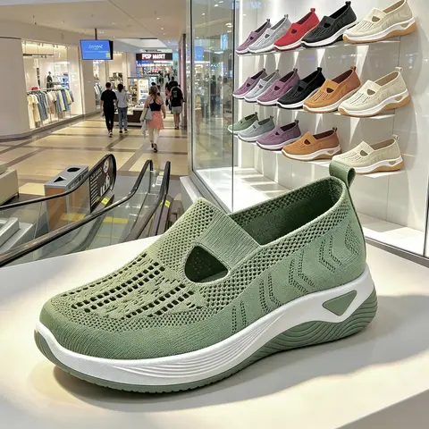 Rain Core Women's Plus Size Round Toe Slip-On Flats - Women's Shoes, Breathable Mesh Cloth Footwear, Hollow Cut-Out Design, Lightweight MD Sole, Outdoor Walking All-Season Casual Comfort