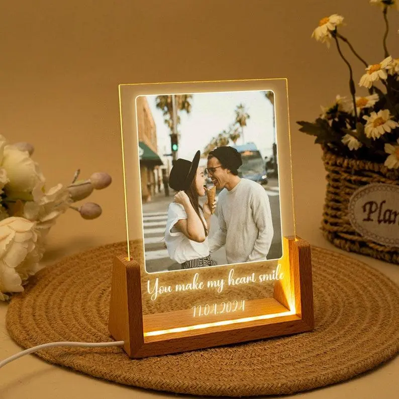 Peronalized Acrylic Photo Frame with Wooden Base, Custom Photo Collage Frame, Wedding Gift for Couple, Wedding Stuff, Sentimental Boyfriend Gifts, Valentines Day Gift, Anniversary Gifts for Him