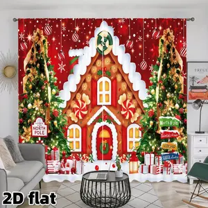 2D Flat 2Pcs Christmas Gingerbread House Curtains, North Pole Santa's Workshop Theme Window Drapes, Festive Red Holiday Decor, Decorative Panels with Xmas Tree Design, Bright Colorful Winter Home for Living Room Bedroom Kitchen,