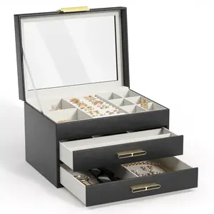 OUTEYOYO Jewelry Organizer ,3-Layer Jewelry , 2 Drawers Leather Women & Mens Jewelry , For Big and Small Jewelry, Jewelry Storage, Modern Style 9.8 x 7.1 x 6.4 Inches - Elegant Black watch box jewelrystoragebox