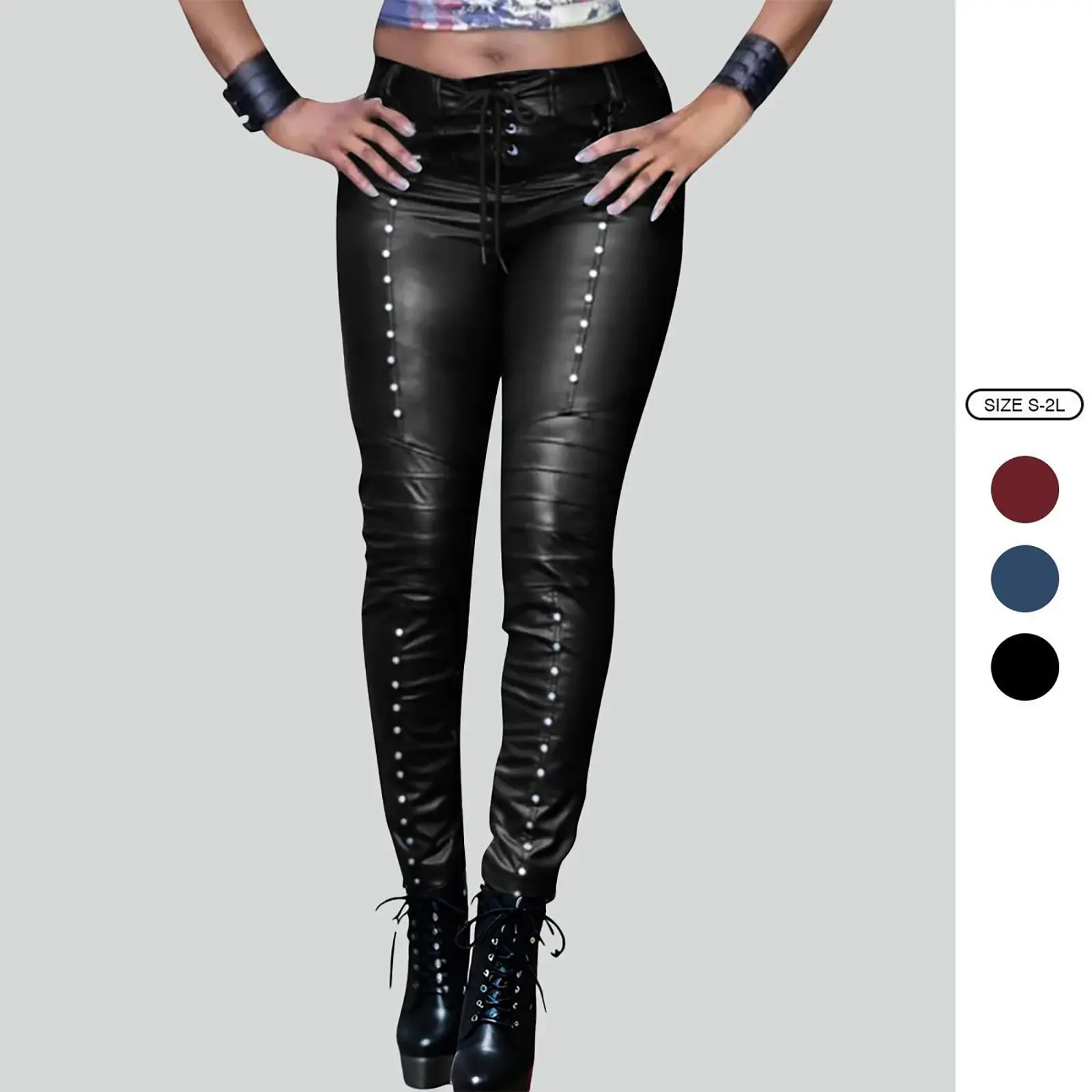 Imily Bela Women's Gothic Punk Faux Leather Pants Lace Up Skinny PU Leather Leggings Rock Club Moto Legging Trousers M7J200