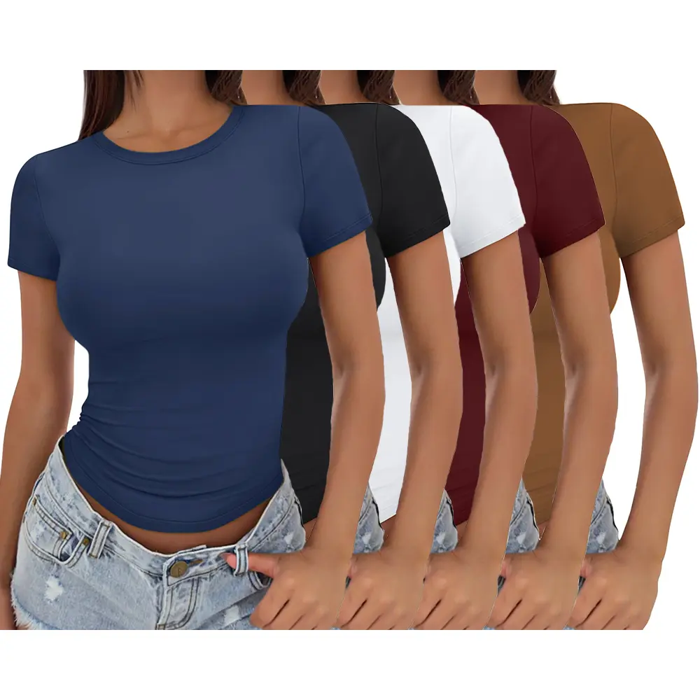 Women's Slim Fit Crop Basic Top - Short Sleeve Crewneck Soft Stretchy Cargo Shirt for Summer Streetwear, Leggings Pairing, Shirts For Women, Crop Top, Basic Tops
