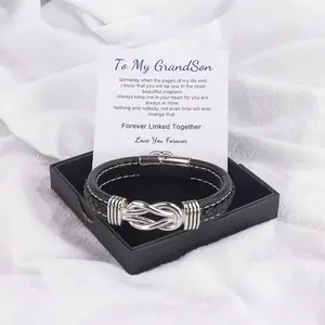 To My Son/Grandson Bracelet Braided Leather Bracelet For Men Forever Linked Together Braided Leather Bracelet, Stainless Steel Magnetic Closure Leather Knot Cuff Wristband, Back to School Gifts Christmas Gifts Birthday Gifts,men's accessories
