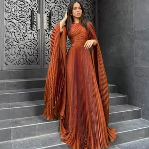 Women Long Dress Party Dresses Folds Flare Sleeve Round Collar Floor Length Vestidos Lace Up Tight Waist A Line Formal Gown