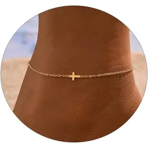 Anklets for Women 14K Gold Plated Anklets Waterproof Ankle Bracelets for Women Silver Ankle Bracelet Layered Cross Satellite Bowknot Flower Pearl Beach Anklets Cute Jewelry Gift