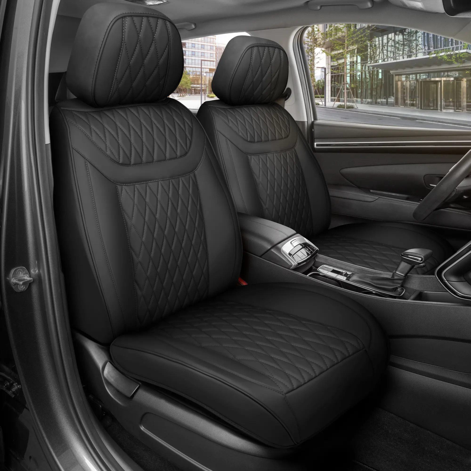 MotorBox Car Seat Covers – Ranch Leatherette Faux Leather Seat Covers for Car – Diamond Stitched Cushioned Seat Protectors for Automotive Accessories, Trucks, SUV, Car – Two Front Covers