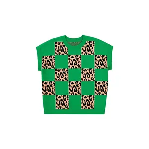 Women's Green Plus Size Leopard Contrast Checkered Short Sleeve Sweater – Casual Summer Style for Everyday Wear