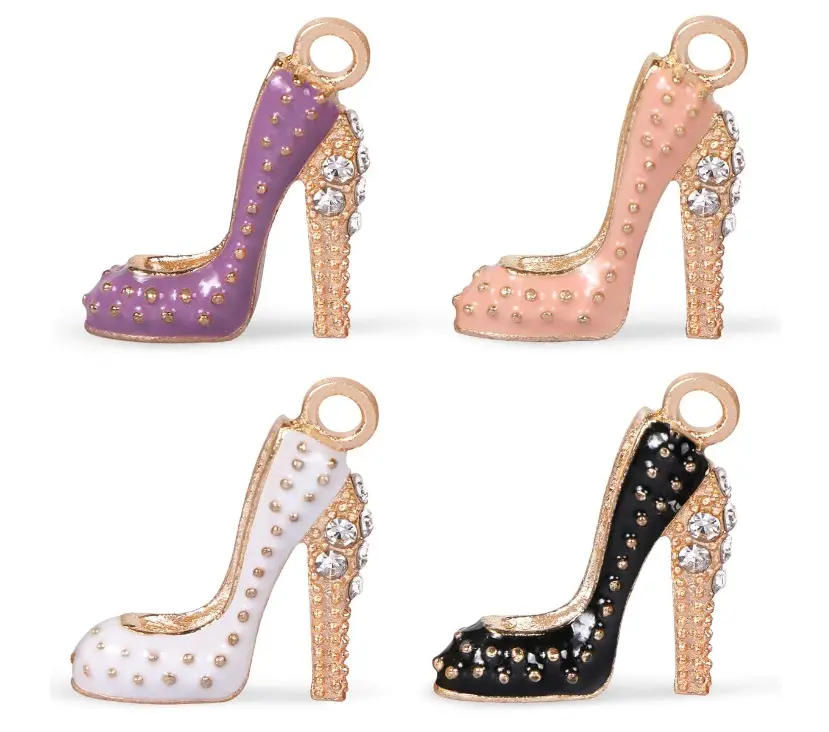 16 PCS High Heel Shoe Charms, 4 Colors Enamel Fashion High Heel Shoe Charms Pendants High Heel Shoe with Rhinestone Keychain Necklace Beads for Women DIY Jewelry Making Crafting