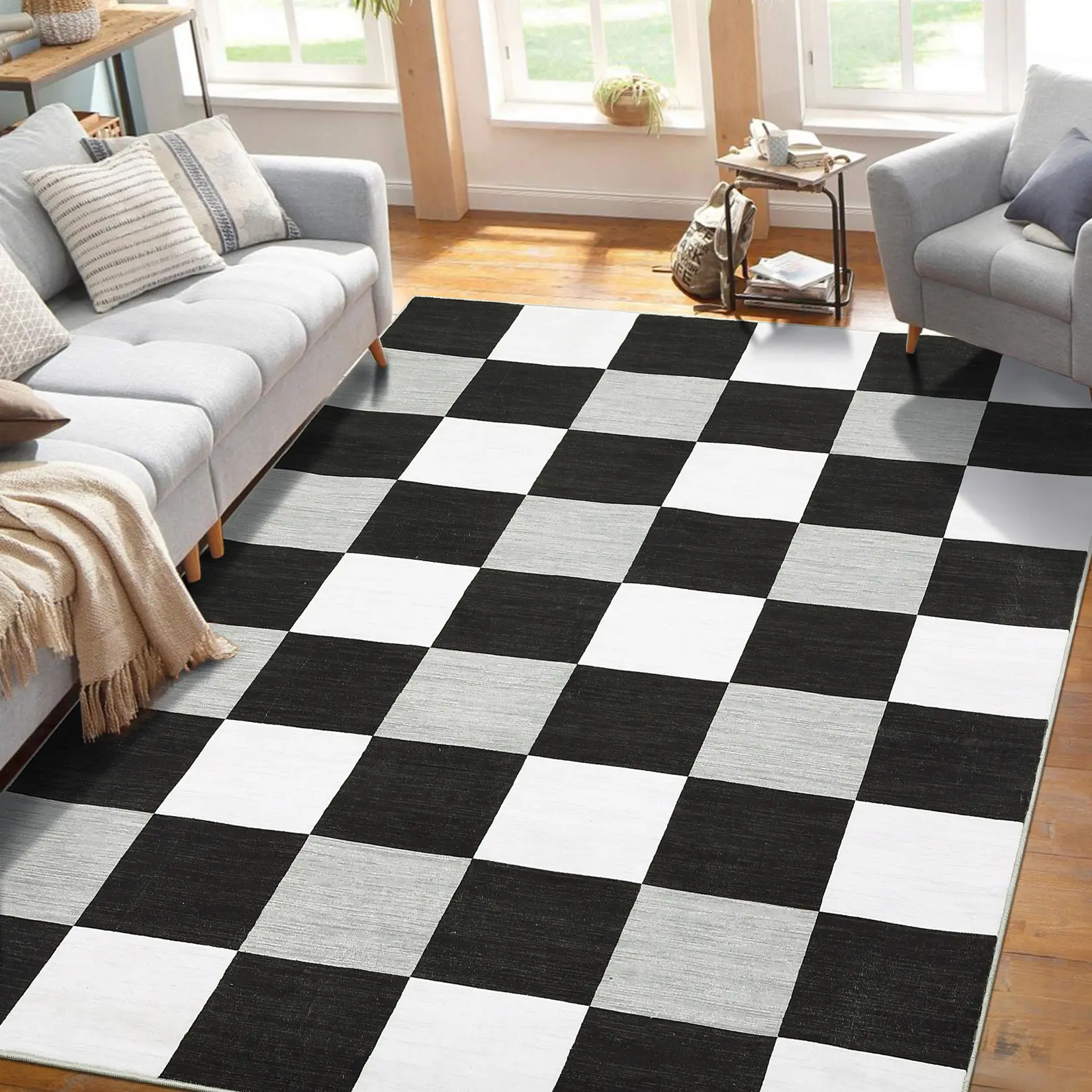 1PC Modern Geometric Checkerboard Floor Cover for Room Decor Washable Thin Soft Area Rugs for Bedroom Living Room Indoor Low Pile Non Slip Carpet Bathroom Runner Rug Office Decor - Black