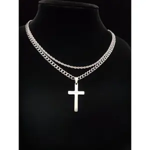 Men’s and women’s cross pendant and Cuban chain necklace set, stainless steel party jewelry for everyday wear, stylish matching and exquisite jewelry—ideal as a birthday gift. GARMENTARY