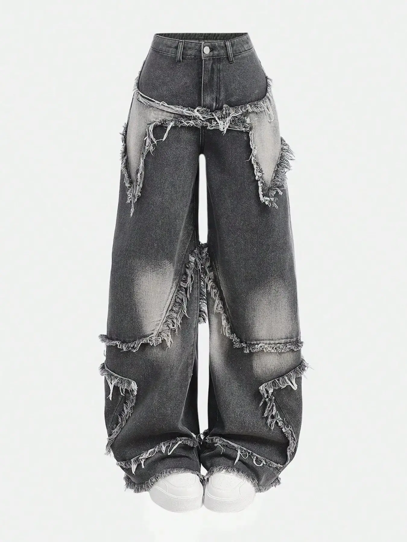 2026  Y2K Fashion Star Patch Fringe Low Waist Wide Leg Casual Jeans, Bottom Pants, Hem Ankle, Slant Pocket, Fall Winter Style, Girls' Jeans