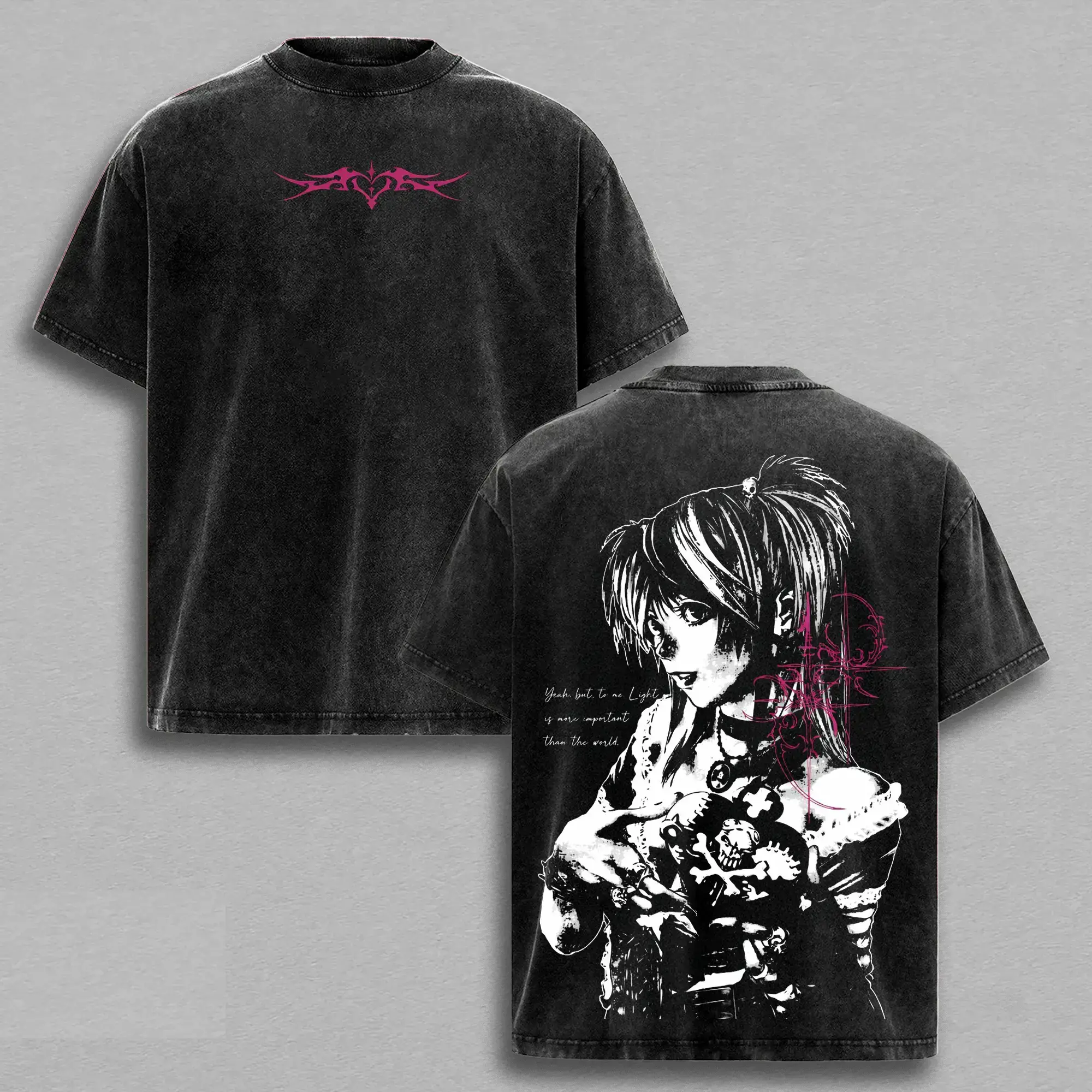 Unisex Misa Amane Death Note Gothic Graphic T-Shirt - Vintage Washed, Dark Aesthetic Oversized Cotton Soft Tops, Couple Streetwear Apparel, Tshirt, Graphic Tees, Vintage T Shirts, Anime Merchandise, Prints, Pre-Washed, Relaxed