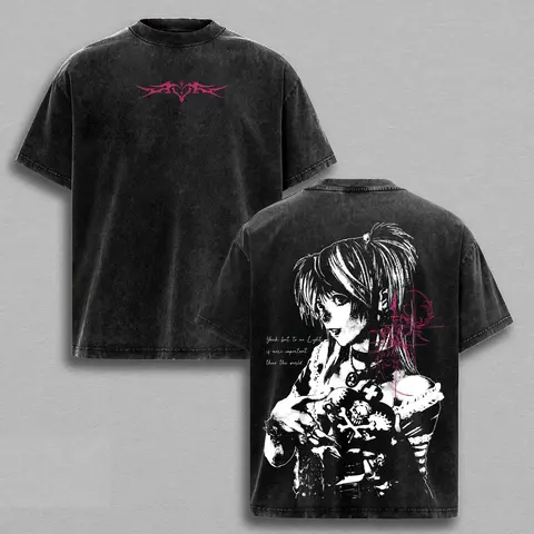 Men's 230gsm Cotton Gothic Seamless Round Neck Short-Sleeve Graphic T-Shirt - Misa Amane Death Note Anime Merch, Retro Vintage Washed Dark Aesthetic Oversized Soft Menswear Apparel, Casual Classic Couple Streetwear Tshirt Tops
