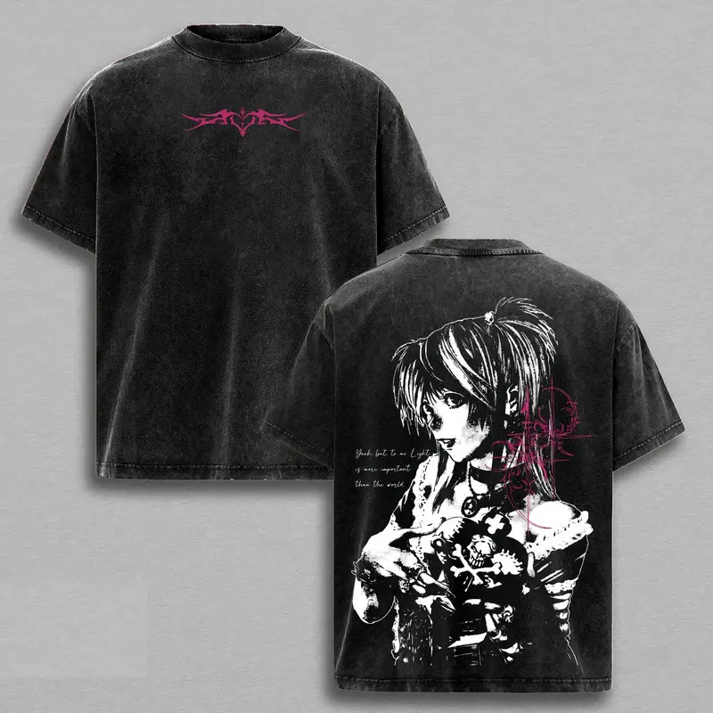 Men's 230gsm Cotton Gothic Seamless Round Neck Short-Sleeve Graphic T-Shirt - Misa Amane Death Note Anime Merch, Retro Vintage Washed Dark Aesthetic Oversized Soft Menswear Apparel, Casual Classic Couple Streetwear Tshirt Tops