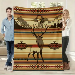 Western Deer Totem Print Blanket, Soft Flannel Warm Bedding, Ideal Gift for Western Style Lovers, Bedroom Decor