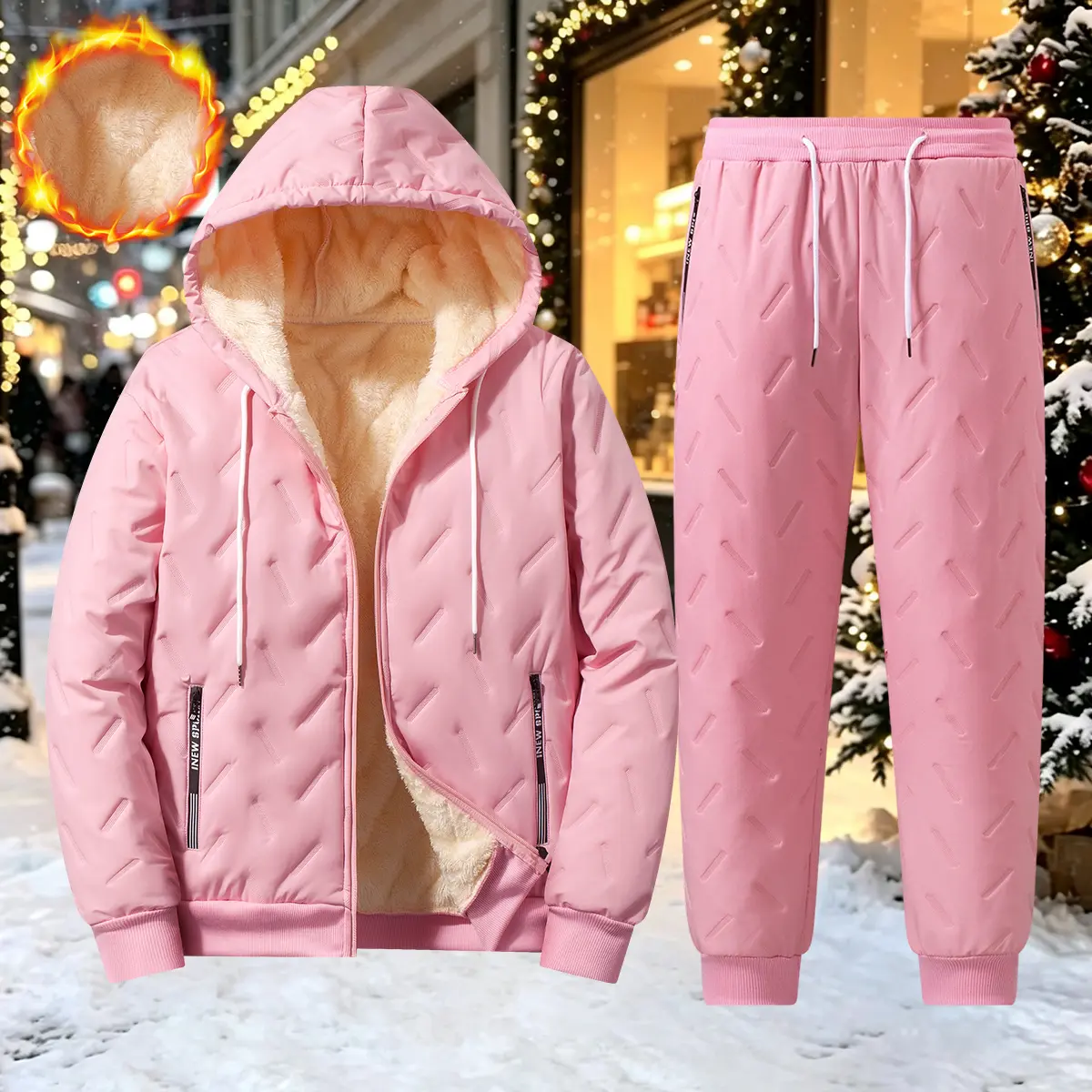 Women’s 2-piece set for autumn/winter with fleece lining, zip-front hooded top and casual outdoor pants; natural minimalist style; suitable for winter; premium feel, trendy street style, youthful look; fleece-lined hoodie and casual athletic pants two-pie