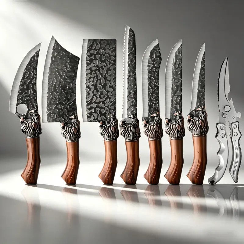 6pcs/7pcs/8pcs professional kitchen chef knives, hand forged stainless steel kitchen knife set, vegetable, multifunctional, cutting, fish, butcher knives and meat cutters, perfect holiday gifts