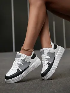 Women's Casual Colorblock Sneakers, Low Top Round Toe, PU Upper Eva Sole, All Season Comfortable Breathable Shoes, Anti-Slip Durable Design