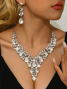 Vintage Silver Color Deep Blue Teardrop Crystal Necklace Earrings Set, Women's Jewelry for Parties Weddings Festivals, Casual Style