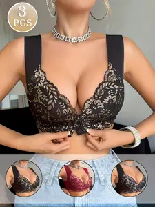 3-Piece Sequined Lace Front Hook-Up Push Up Bra Set, Elegant Women's Underwear, Comfortable & Stylish Design, Perfect for Daily Wear, Breathable Fit Bra