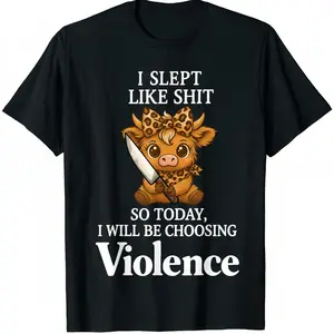 Cute Highland Cow "I Slept Like Shit So Today I Choose Violence" T-Shirt,Leopard Bow Highland Cow Meme Graphic Tee,Soft Cotton Sarcastic Humor Shirt,Unique Funny Cow Gift for Cow Lovers,Trendy Unisex Casual Tops