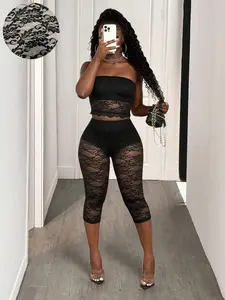 Women's Lace Capri Leggings | Sexy 3/4 Length Skinny Pants | Elegant Summer Sheer Floral Stretch Leggings