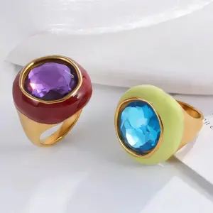 Round Dopamine Colored Epoxy Resin Ring with Large Gemstone Inlay, Fashionable Enamel Stainless Steel Women's Ring