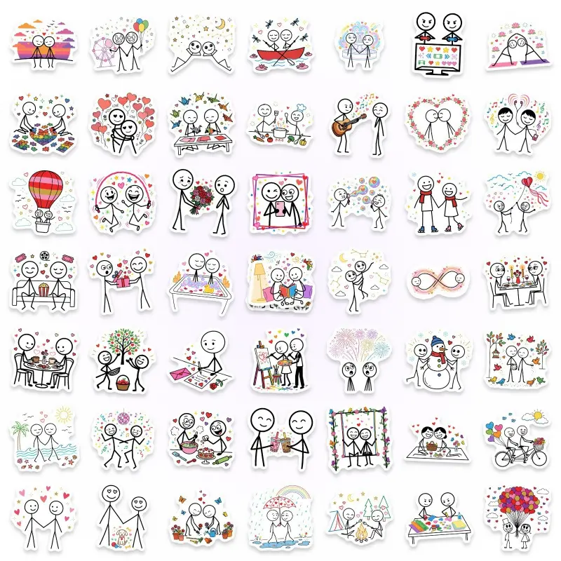50 simple couple drawing stickers, romantic stickman doodle stickers, decorative stickers for mobile phones, computers, and water bottles