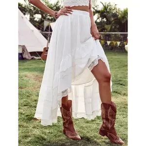 Woman's White Boho Skirt Light Flowy Chiffon Elastic Waist Asymmetrical Ruffle Lace Hem Maxi Skirt Summer Music Festival Camping Vacation Western Cowboy Boots Outfit