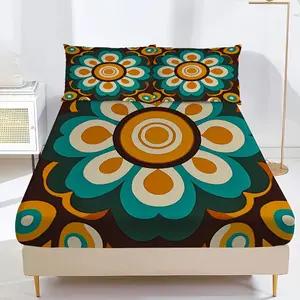3pcs Retro 1960s/70s Floral Burst Fitted Sheet Set, Bed Sheets Set with 2 Pillowcases - Turquoise Blue, Mustard Yellow Bold Flower Pattern, Durable Fabric, Machine Washable Bedding for Queen/King Size Beds, Ideal for Guest Rooms, Bedrooms & Hotels
