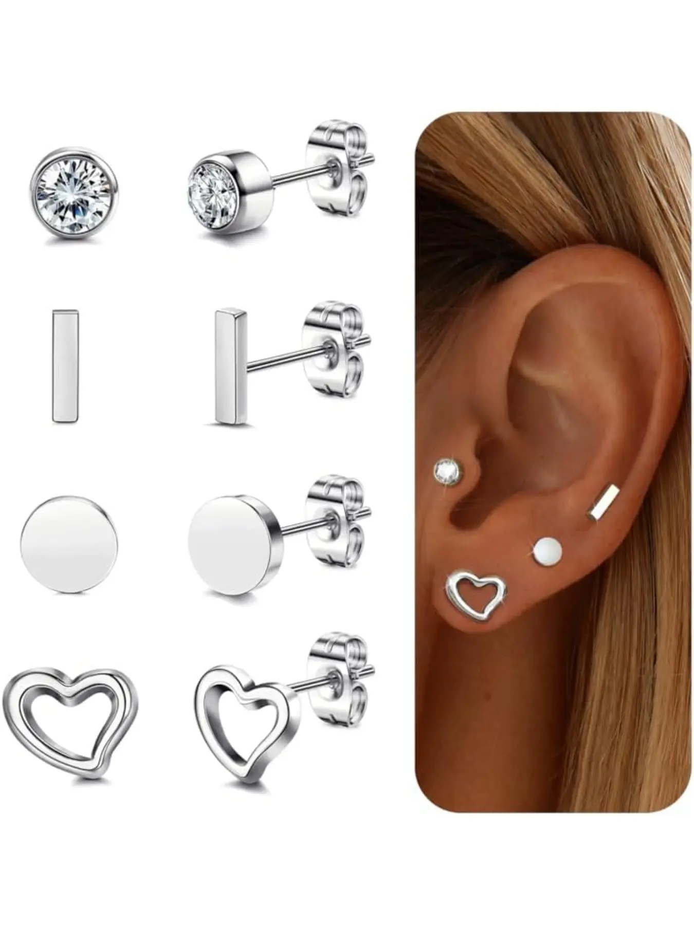4 Pairs G23 Titanium Stud Earrings for Women Men Hypoallergenic Titanium Earrings for Sensitive Ears 20G CZ Bar Tiny Dot Heart Earrings Helix Piercing Jewelry Cartilage Earrings