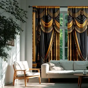 Luxurious Gold Curtains Set, High-End Light Blocking Drapes for Living Room & Bedroom, Durable Polyester Fabric, Fall Decor, Tassel Decor Curtain