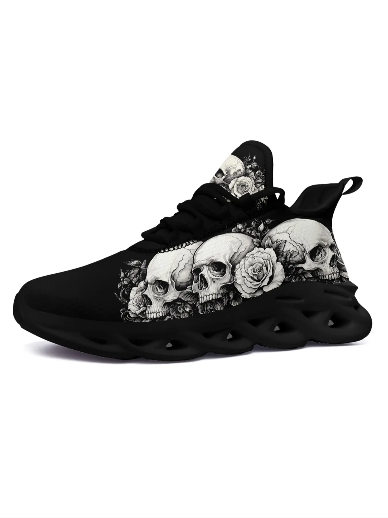 Low Top Sneakers for Women, Gothic Skull Design Lace-Up Sports Shoes, Casual Comfortable Walking Trainers for All Seasons, Trendy Fashion Footwear, Fashionable Casual Sneakers