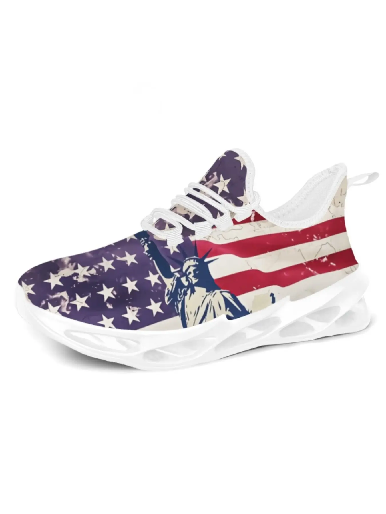 Unisex Vintage American Flag Print Sneakers, Statue of Liberty Patriotic Casual Running Shoes, Trendy Running Shoes, Fashionable Running Shoes, All Seasons Textile Eva Sole