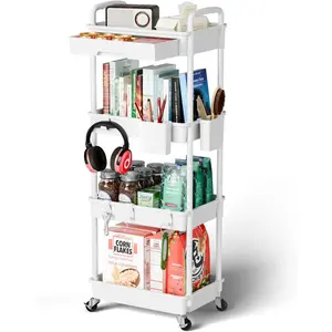 4 Tier Rolling Cart Organizer,Art Craft Diaper Bedside Snack Laundry Room Bathroom Organizer Narrow Thin Slim Rolling Trolley Utility Cart with Wheels for Kitchen,Office(White)