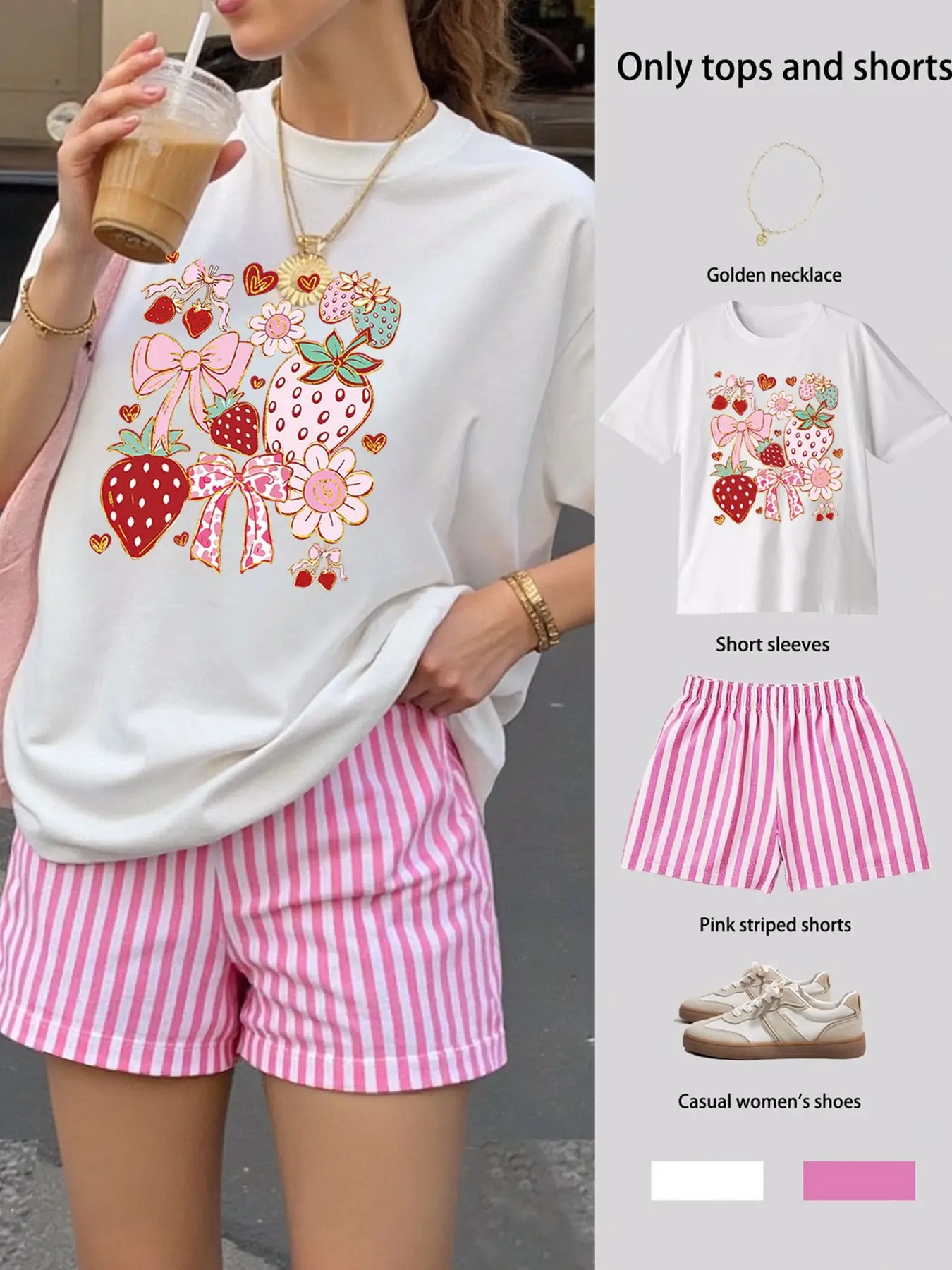 Elegant Women's Casual Two-Piece Set, Short Sleeve Top with Strawberry Bow Pattern Print, Striped Shorts, Loose-Fitting, Above the Knee, Outfit, Clothes