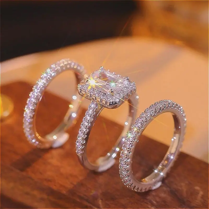 Women's 3pc Geometric Dainty Bridal Set - Shiny Princess Square-Cut White Zirconia, Metal-Coated Stackable Synthetic, Multi-Size, Mix-and-Match Jewelry for Women, Wedding Ring Sets, Ring Stack, Daily Elegance, Any Finger, Customized Anniversary Gifts