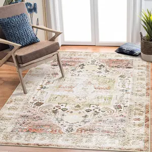 【GARVEE】Large Area Rug 10x13 Vintage Oriental Floral Design, Washable and Stain Resistant, Indoor Low Pile Soft Touch Carpet for Bedroom, Apartment, Living Room in Light Brown