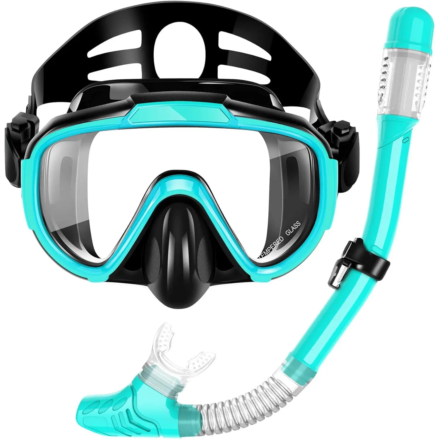 Snorkeling Gear for Adults, Dry Top Snorkel Set with Panoramic Anti-Leak and Anti-Fog Tempered Glass Lens, Adjustable Snorkeling Set for Scuba Diving Swimming Training Snorkel Kit