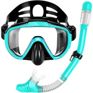 Snorkeling Gear for Adults, Dry Top Snorkel Set with Panoramic Anti-Leak and Anti-Fog Tempered Glass Lens, Adjustable Snorkeling Set for Scuba Diving Swimming Training Snorkel Kit