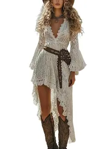 Women's Retro Ruffle Dress - Festival Style Cotton Linen Blend Long Sleeve Medium Length Solid Color Western Cowgirl Dress